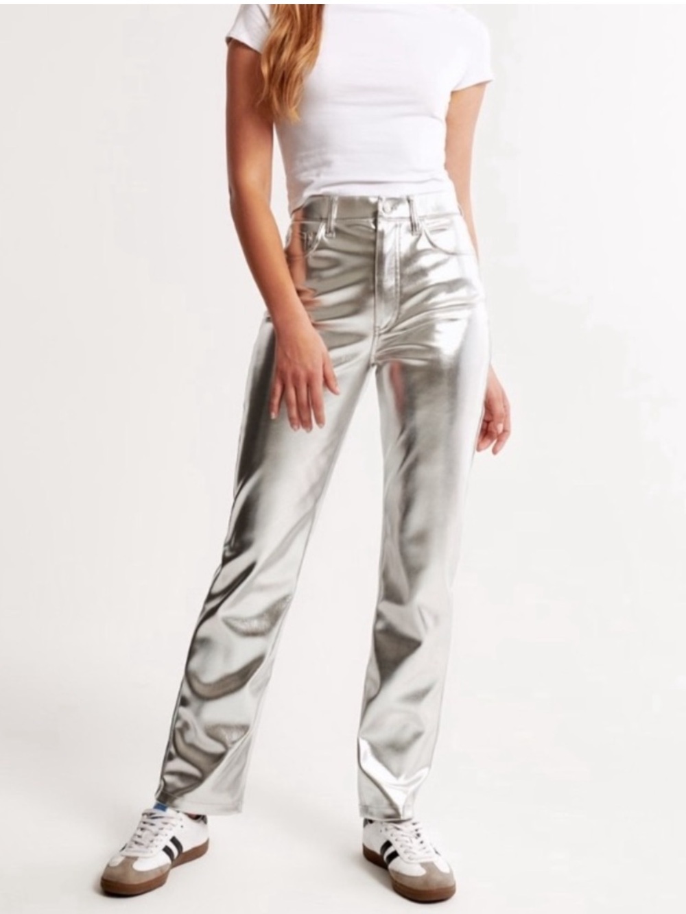 High-Rise Silver Metallic Straight-Leg Jeans